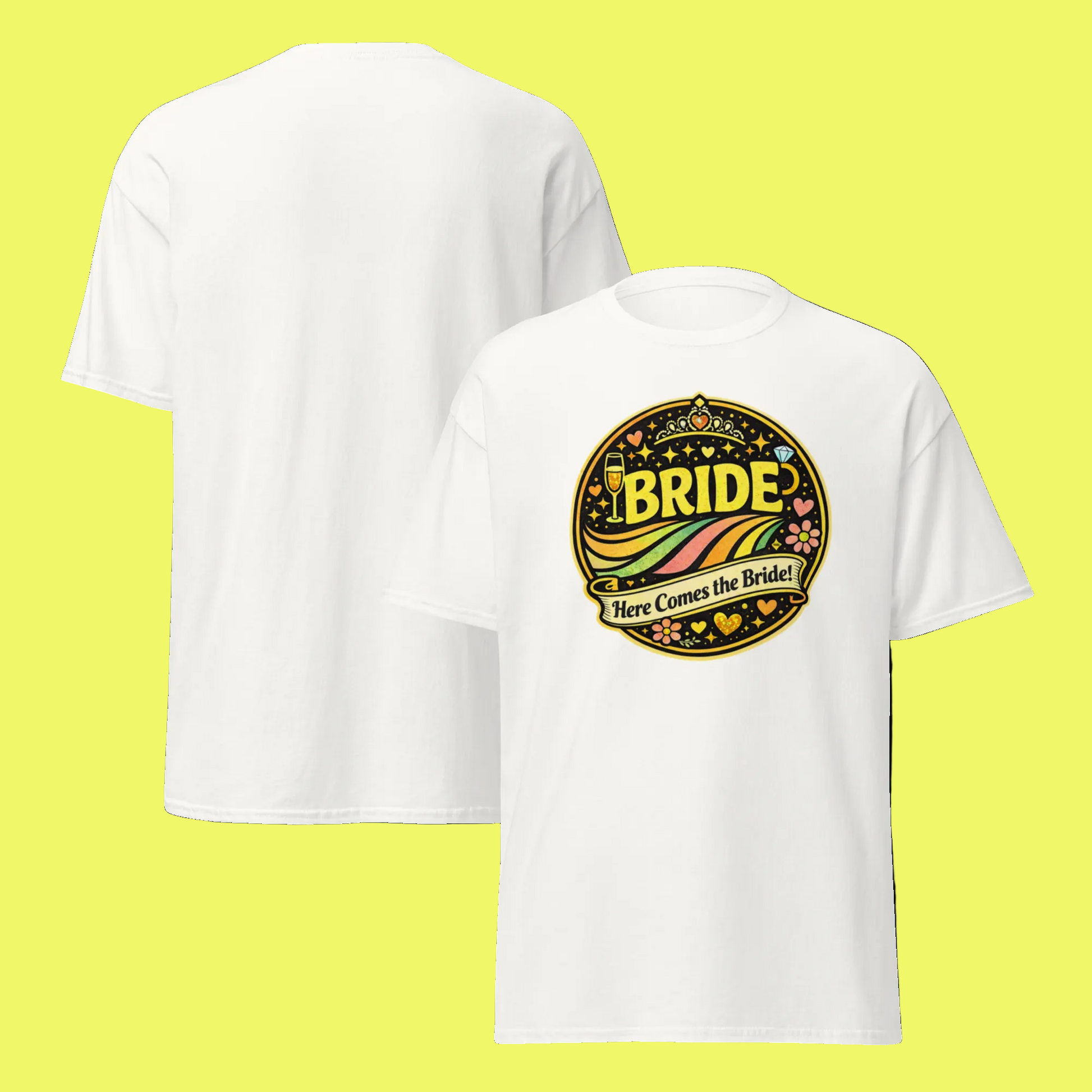 T-shirt blanc Bride Here Comes the Bride style rétro festival avec motif circulaire coloré, présenté en vue avant et arrière, coupe unisexe.