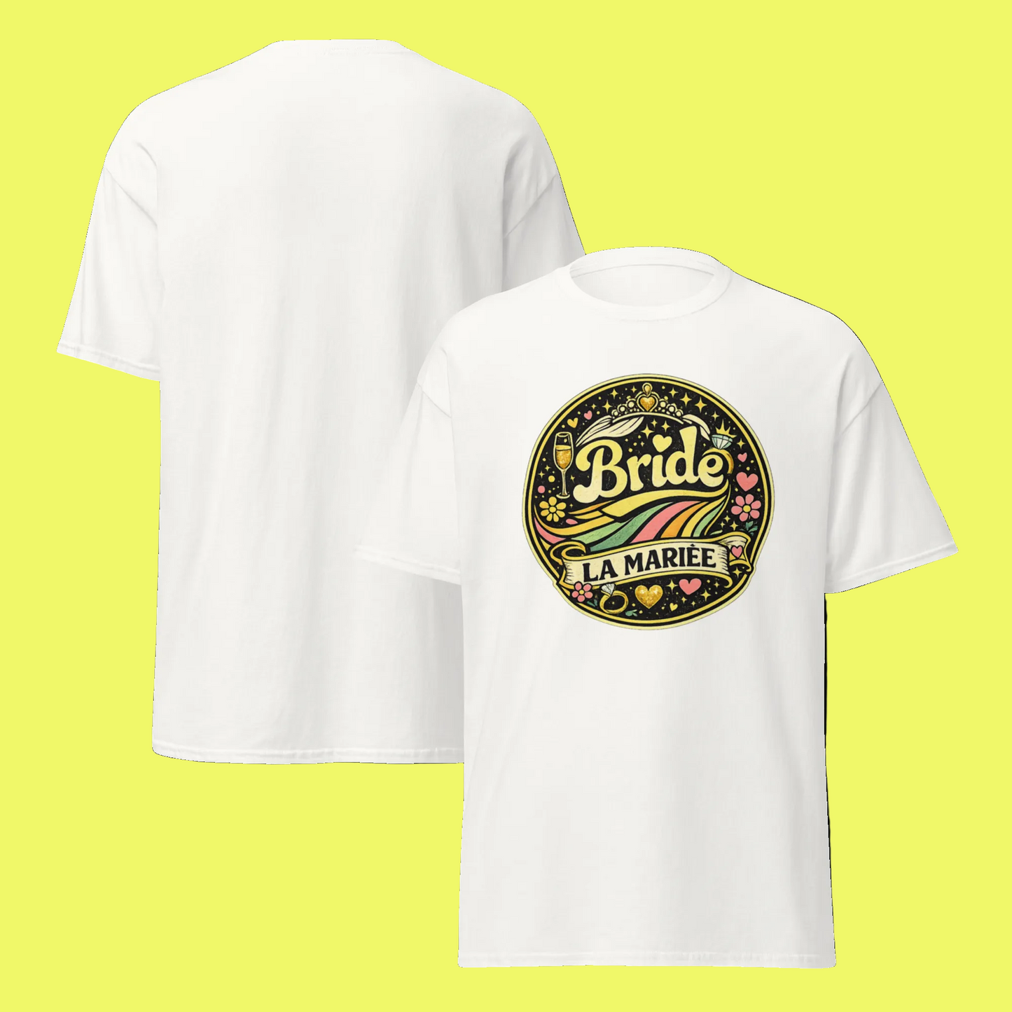 T-shirt blanc Bride La Mariée style festival rétro avec motif rond floral coloré à l’avant, présenté en vue avant et arrière, coupe unisexe.