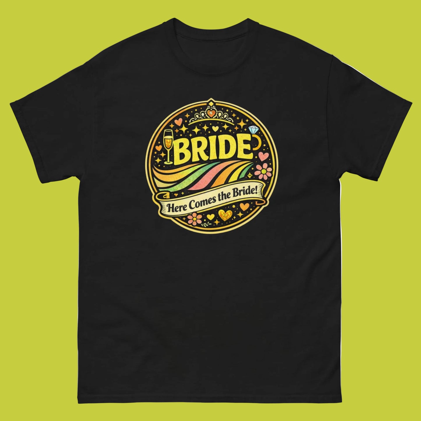 T-shirt noir Bride rétro festival avec illustration ronde bohème colorée à l’avant.