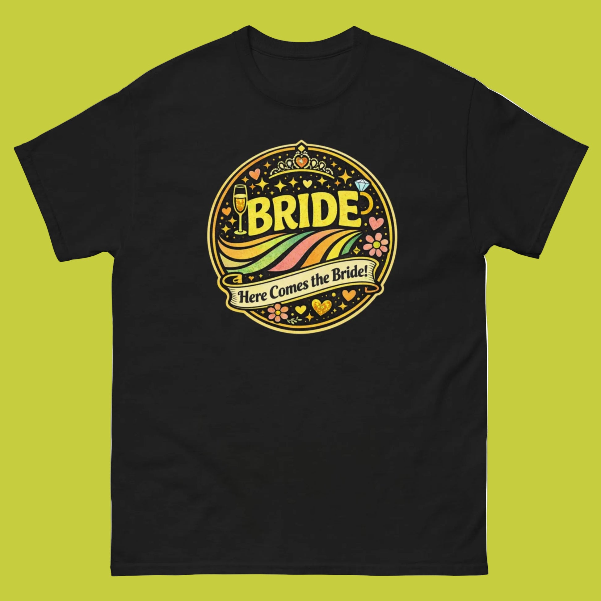 T-shirt noir Bride rétro festival avec illustration ronde bohème colorée à l’avant.