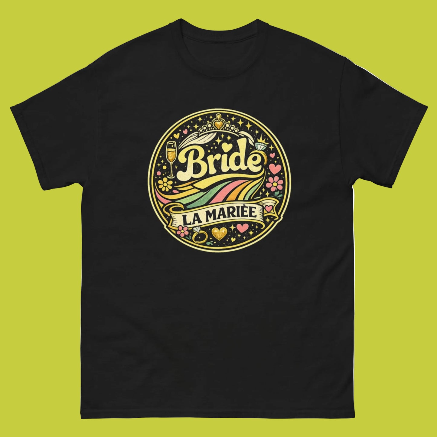 T-shirt  noir Bride La Mariée collection festival avec design rond bohème coloré à l’avant.