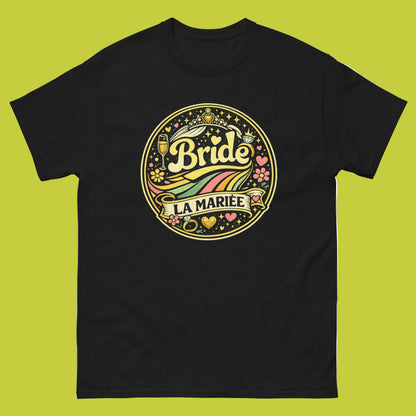 T-shirt  noir Bride La Mariée collection festival avec design rond bohème coloré à l’avant.