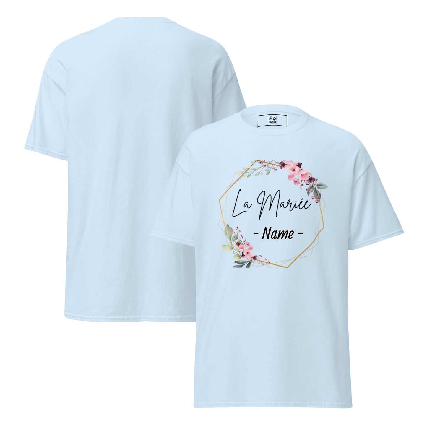 T-shirt bleu La Mariée personnalisable avec prénom de la mariée, design floral rose et cadre géométrique doré, coupe unisexe avec vue avant et arrière pour EVJF chic.