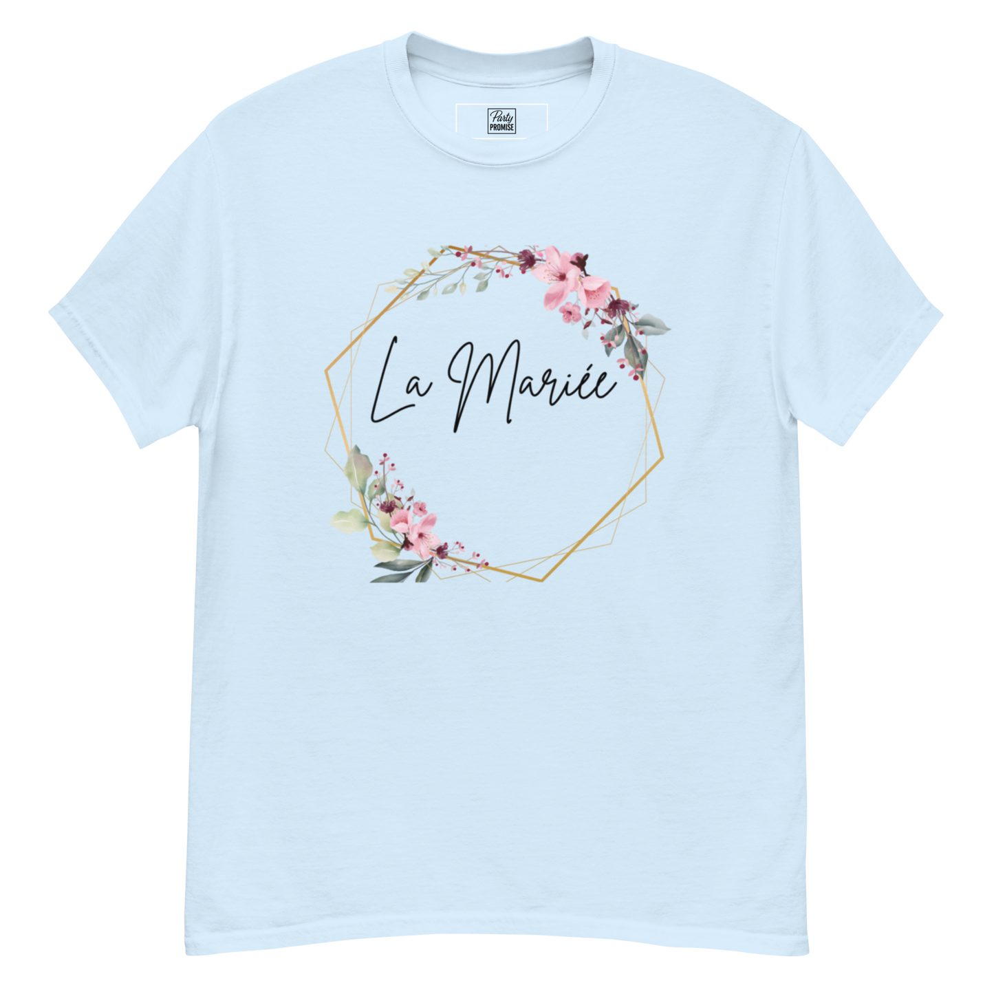 T-shirt bleu La Mariée personnalisable avec prénom de la mariée, design floral rose et cadre géométrique doré, coupe unisexe avec vue avant et arrière pour EVJF chic.