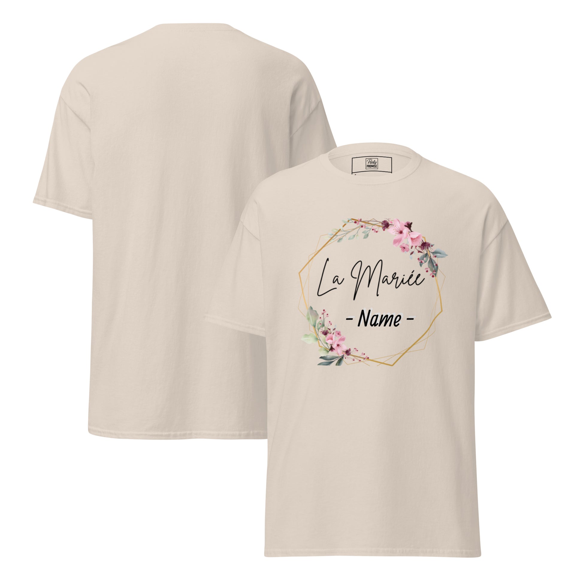 T-shirt Naturel La Mariée personnalisable avec prénom de la mariée, design floral rose et cadre géométrique doré, coupe unisexe avec vue avant et arrière pour EVJF chic.