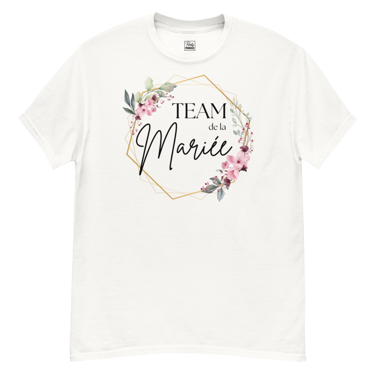 T-shirt blanc Team de la Mariée personnalisable avec prénom, design floral rose et cadre géométrique doré, coupe unisexe avec vue avant et arrière pour EVJF élégant.