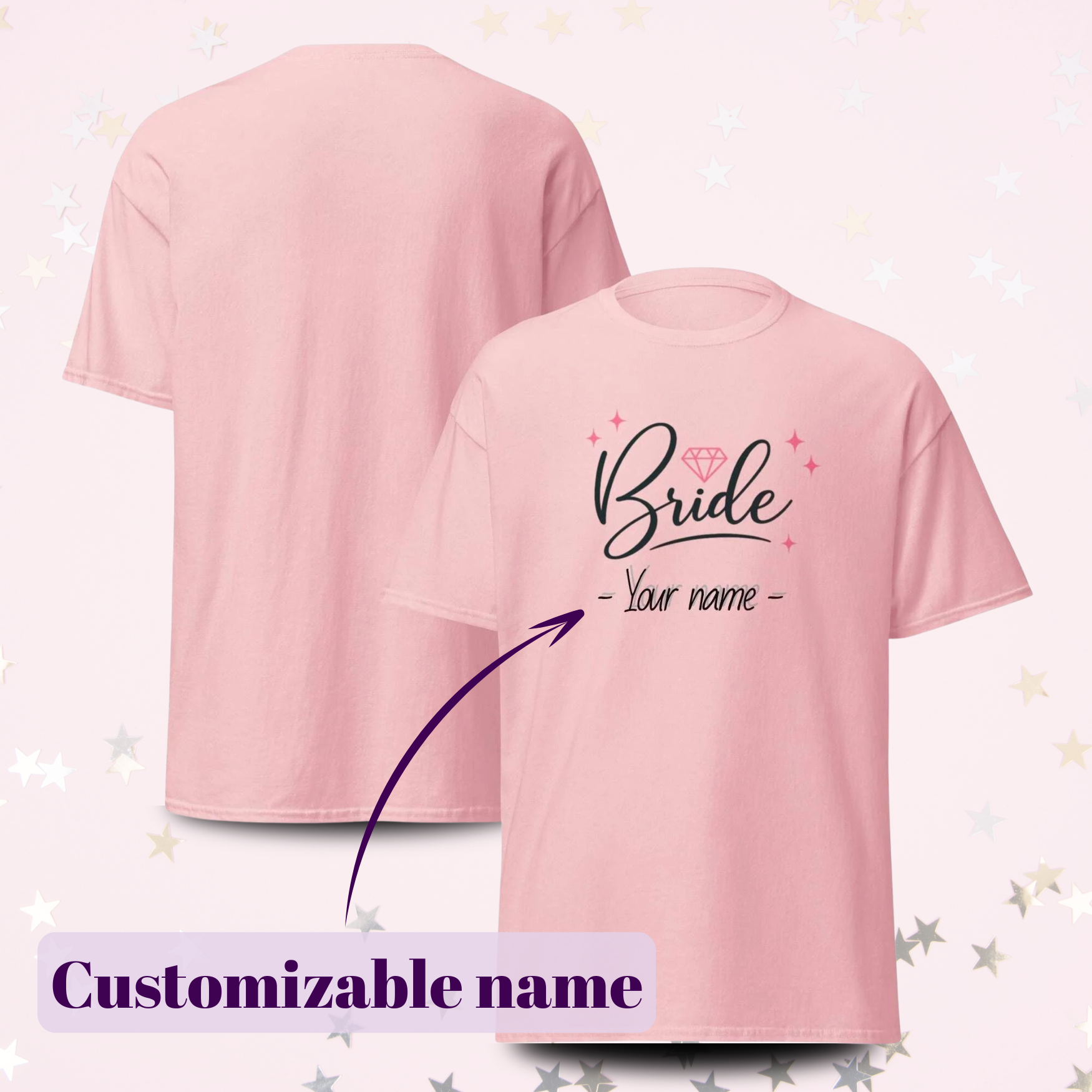 Customizable t-shirt for a bachelorette party with the bride's name