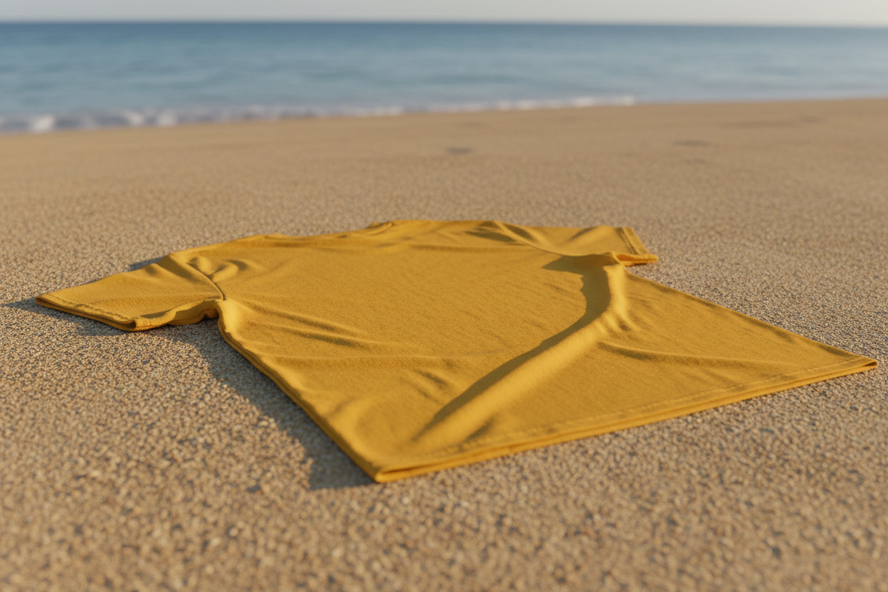 Vue arrière du t-shirt Beach Bride jaune, silhouette structurée et style estival affirmé.