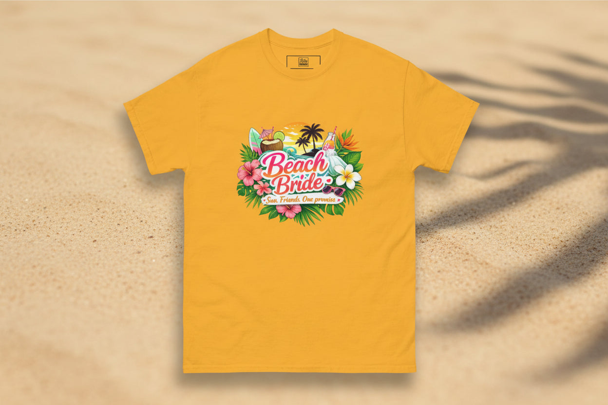 T-shirt jaune Beach Bride, couleur solaire et design tropical pour une EVJF pleine d’énergie et de bonne humeur.