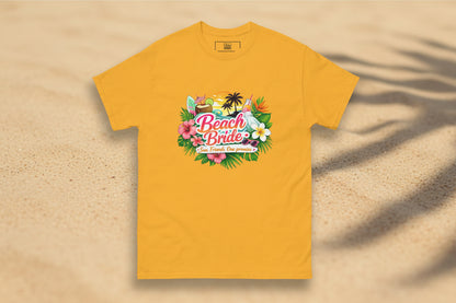 T-shirt jaune Beach Bride, couleur solaire et design tropical pour une EVJF pleine d’énergie et de bonne humeur.