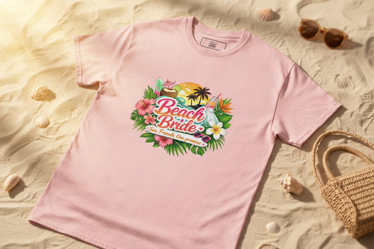 T-shirt rose clair Beach Bride au design tropical romantique, parfait pour la future mariée et son équipe.