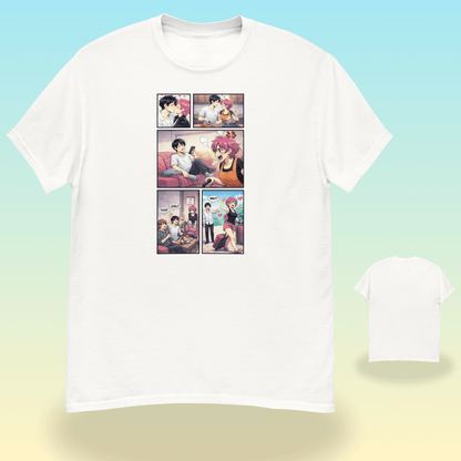 T-shirt blanc femme Divorce Party avec design style bande dessinée imprimé au centre, coupe unisexe, disponible du S au 5XL.