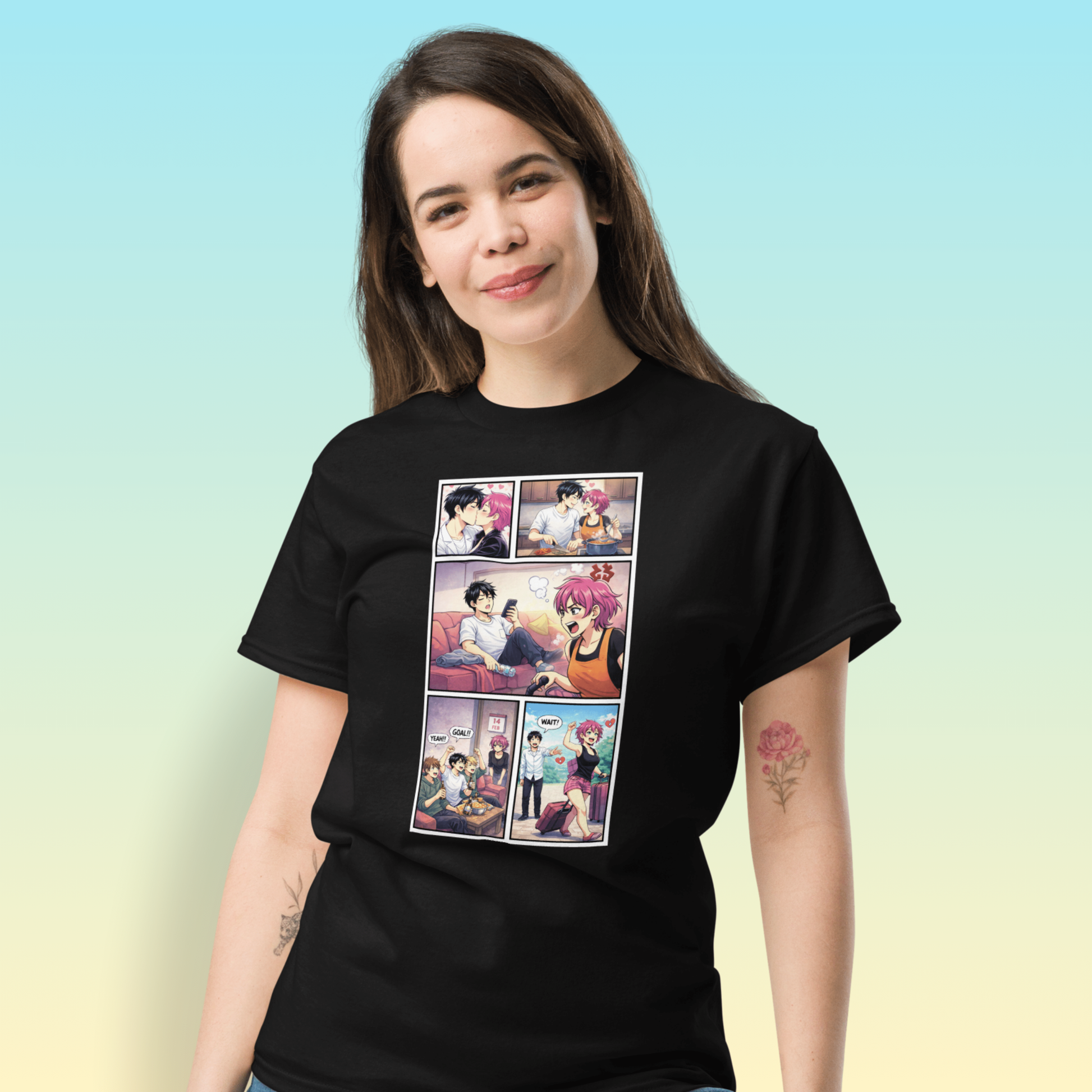 Femme portant un t-shirt noir Divorce Party avec illustration pop art, look casual chic pour fête de divorce entre amies.