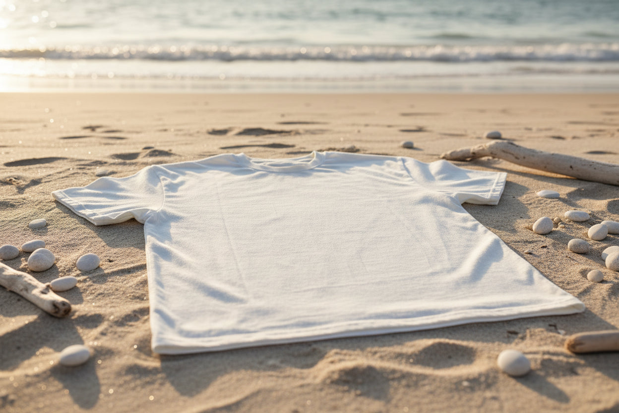 Vue arrière du t-shirt Paradise Crew blanc. Une coupe structurée et confortable qui accompagne tous les mouvements, parfaite pour danser, rire et profiter pleinement d’une journée beach party ou d’un EVJF tropical.