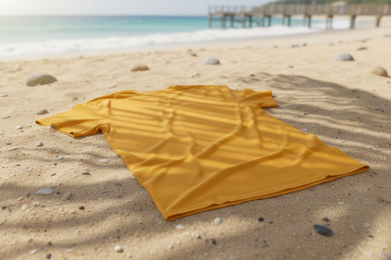 Vue arrière du t-shirt Paradise Crew jaune. Une couleur vibrante qui sublime les photos de groupe et capture l’esprit joyeux des vacances entre amies et des célébrations estivales.