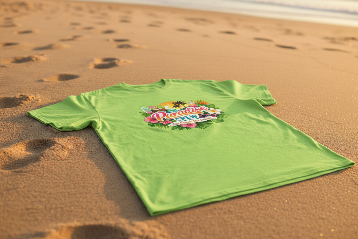 Le t-shirt Paradise Crew vert clair apporte une touche nature et fraîche. Une couleur idéale pour les ambiances tropicales, les vacances d’été et les groupes EVJF à l’esprit chill et solaire.