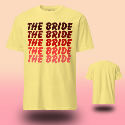 T-shirt jaune The Bride pour enterrement de vie de jeune fille avec design texte répété