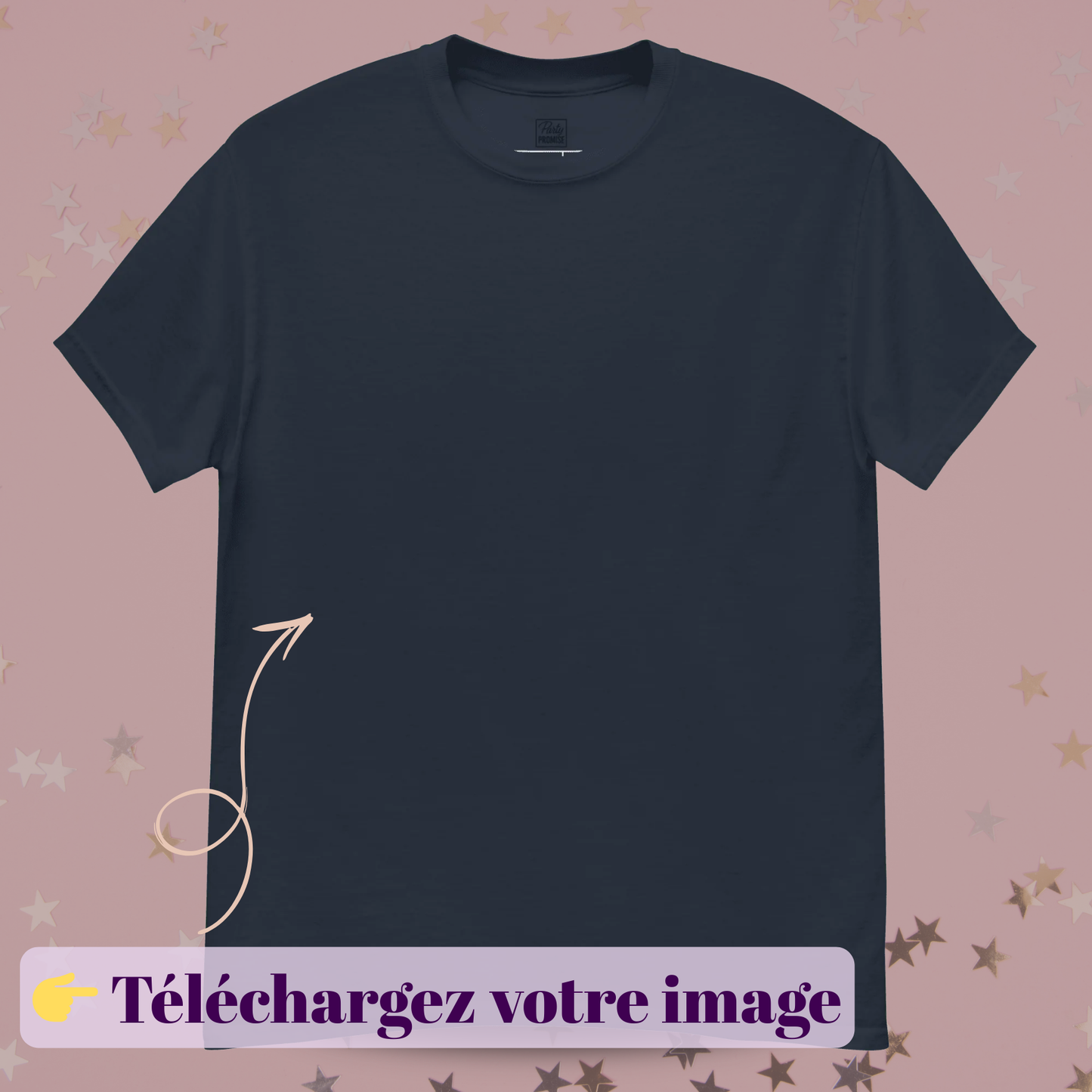 T-shirt  personnalisable avec zone pour télécharger votre image, idéal pour EVJF, fêtes d’anniversaire, événements professionnels, mariages et créations sur mesure — bleu marine