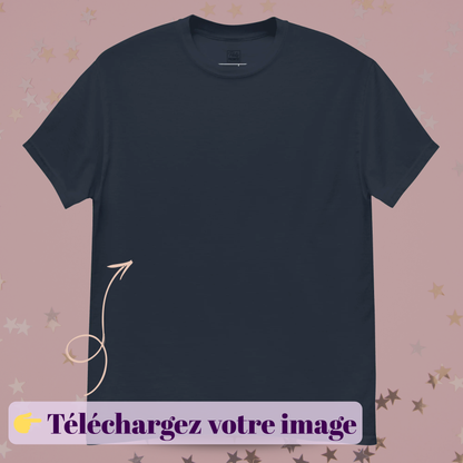 T-shirt  personnalisable avec zone pour télécharger votre image, idéal pour EVJF, fêtes d’anniversaire, événements professionnels, mariages et créations sur mesure — bleu marine