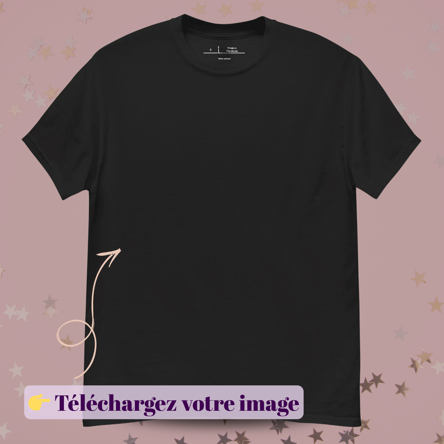 T-shirt  personnalisable avec zone pour télécharger votre image, idéal pour EVJF, fêtes d’anniversaire, événements professionnels, mariages et créations sur mesure — noir