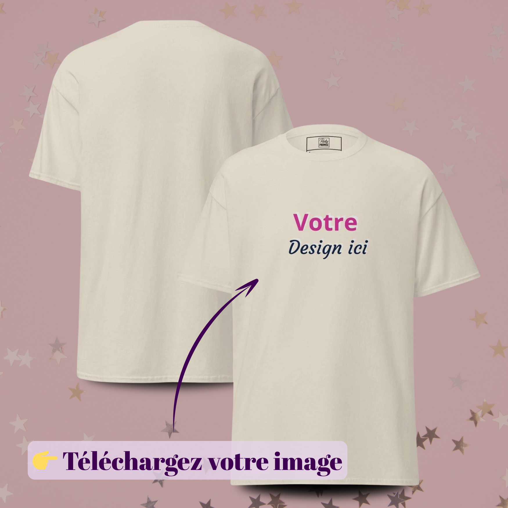 T-shirt noir personnalisable avec aperçu recto et verso et zone Votre design ici, idéal pour EVJF, événements, anniversaires, mariages et usage professionnel — blanc