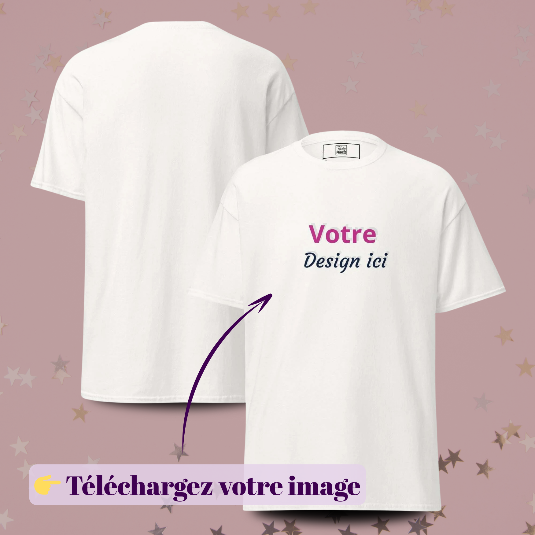 T-shirt noir personnalisable avec aperçu recto et verso et zone Votre design ici, idéal pour EVJF, événements, anniversaires, mariages et usage professionnel — blanc