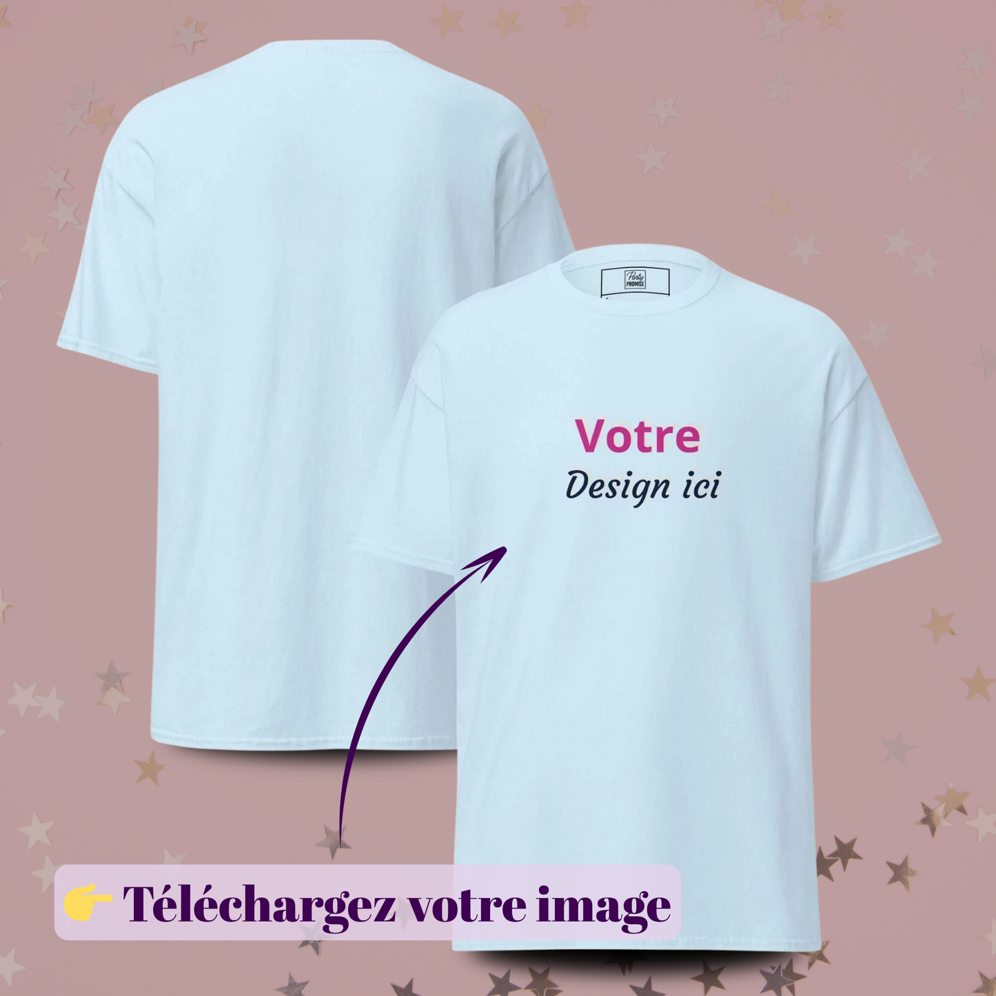 T-shirt noir personnalisable avec aperçu recto et verso et zone Votre design ici, idéal pour EVJF, événements, anniversaires, mariages et usage professionnel — bleu clair