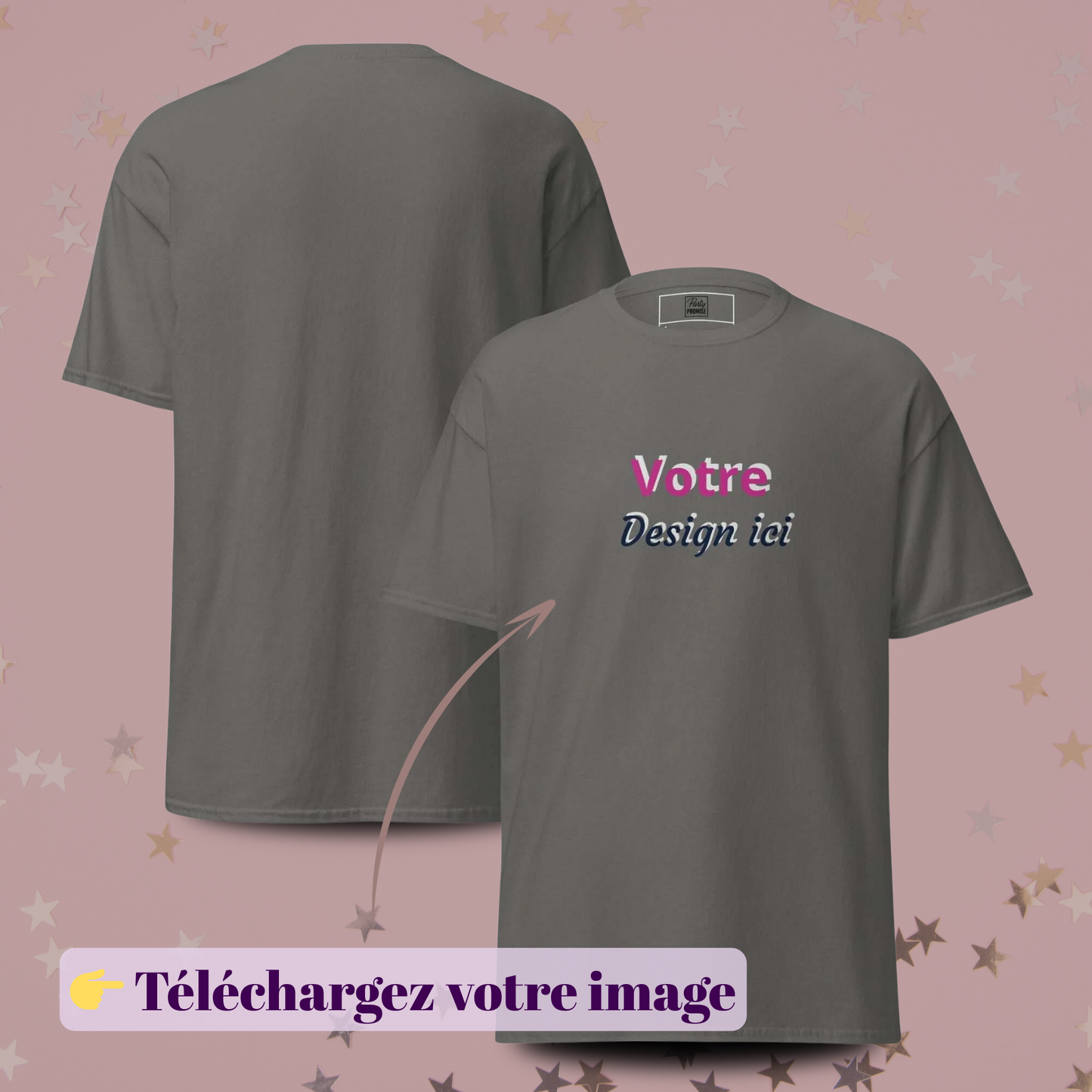T-shirt noir personnalisable avec aperçu recto et verso et zone Votre design ici, idéal pour EVJF, événements, anniversaires, mariages et usage professionnel — gris