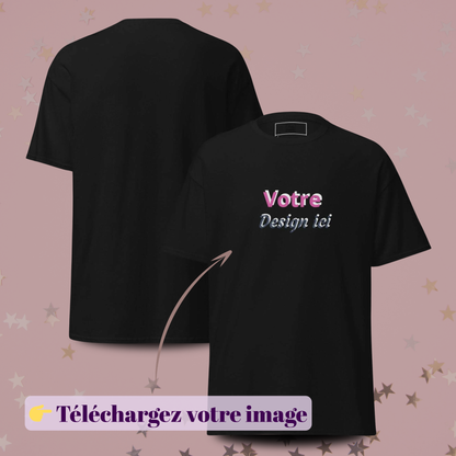 T-shirt noir personnalisable avec aperçu recto et verso et zone Votre design ici, idéal pour EVJF, événements, anniversaires, mariages et usage professionnel — noir