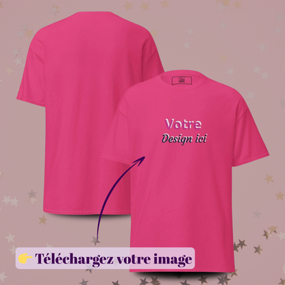 T-shirt noir personnalisable avec aperçu recto et verso et zone Votre design ici, idéal pour EVJF, événements, anniversaires, mariages et usage professionnel — rose