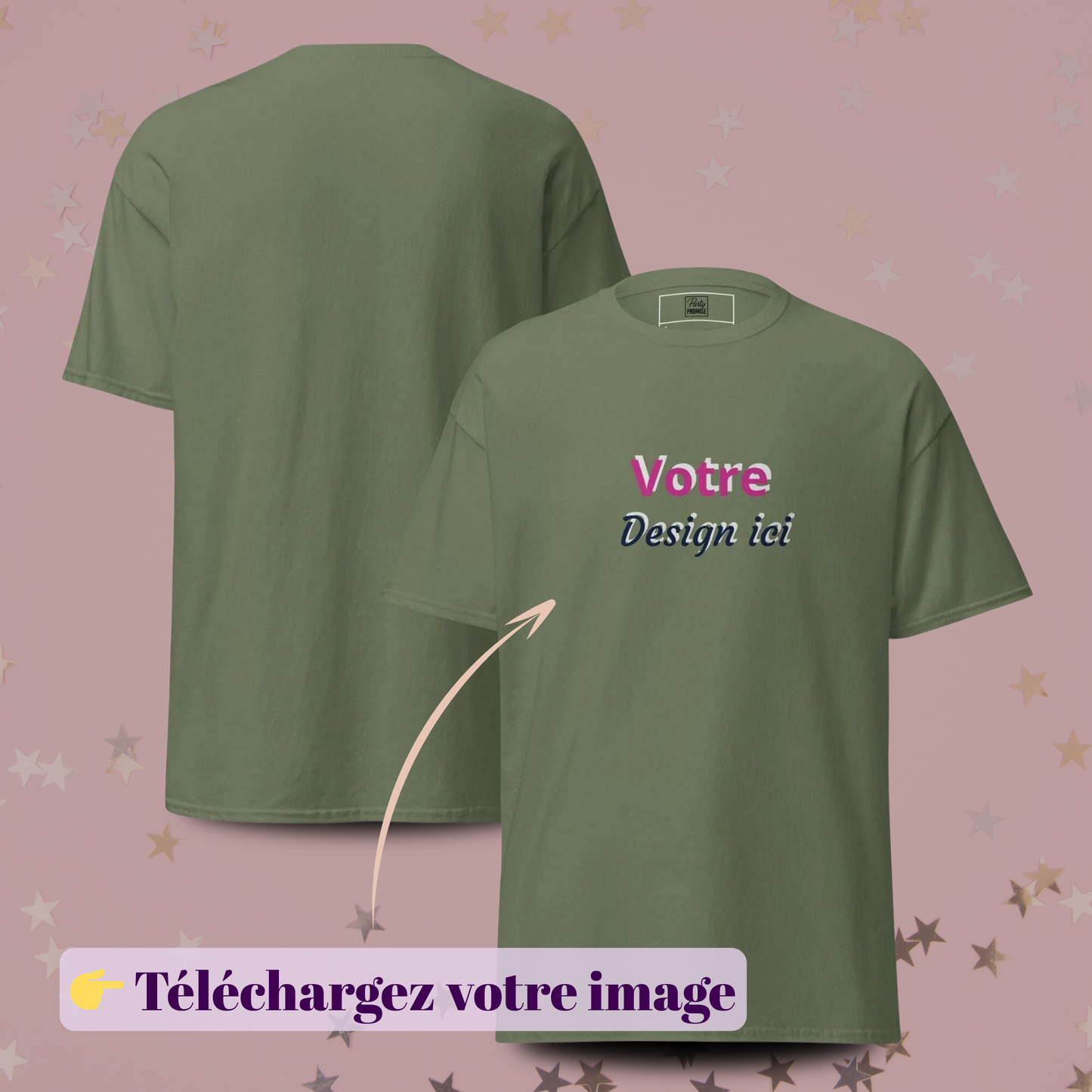 T-shirt noir personnalisable avec aperçu recto et verso et zone Votre design ici, idéal pour EVJF, événements, anniversaires, mariages et usage professionnel — vert kaki