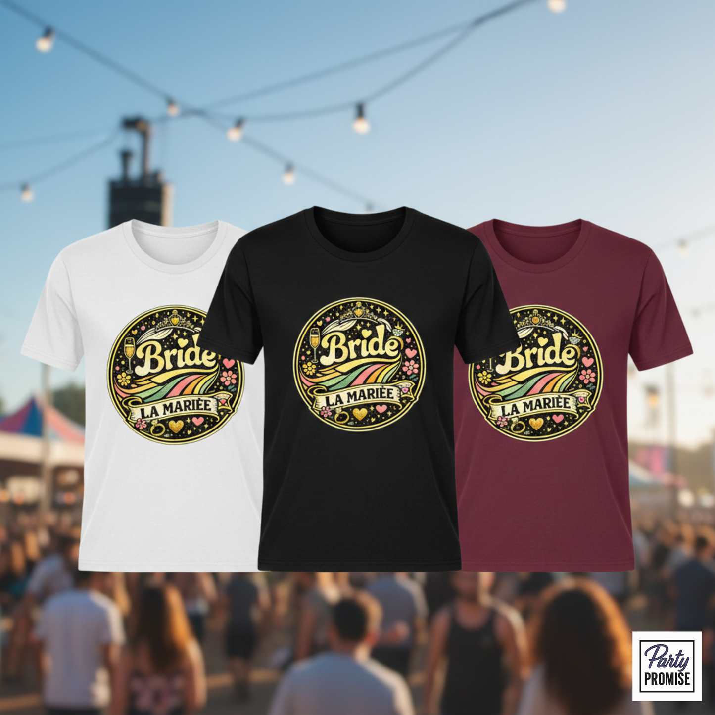 Trois t-shirts EVJF Bride La Mariée avec design rond décoratif en style rétro (blanc, noir et bordeaux) présentés dans une ambiance de festival avec guirlandes lumineuses et foule en arrière-plan.