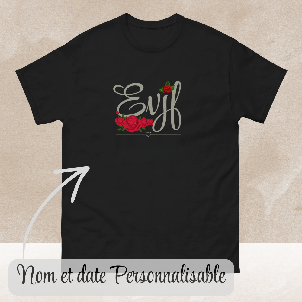 Vue detaillee dun t shirt noir EVJF avec inscription personnalisee