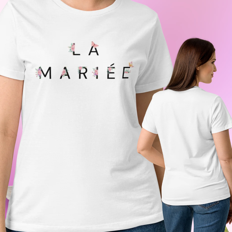 T shirt blanc La Mariee avec design floral delicat montre face et dos, tenue romantique pour EVJF et celebrations de la mariee.