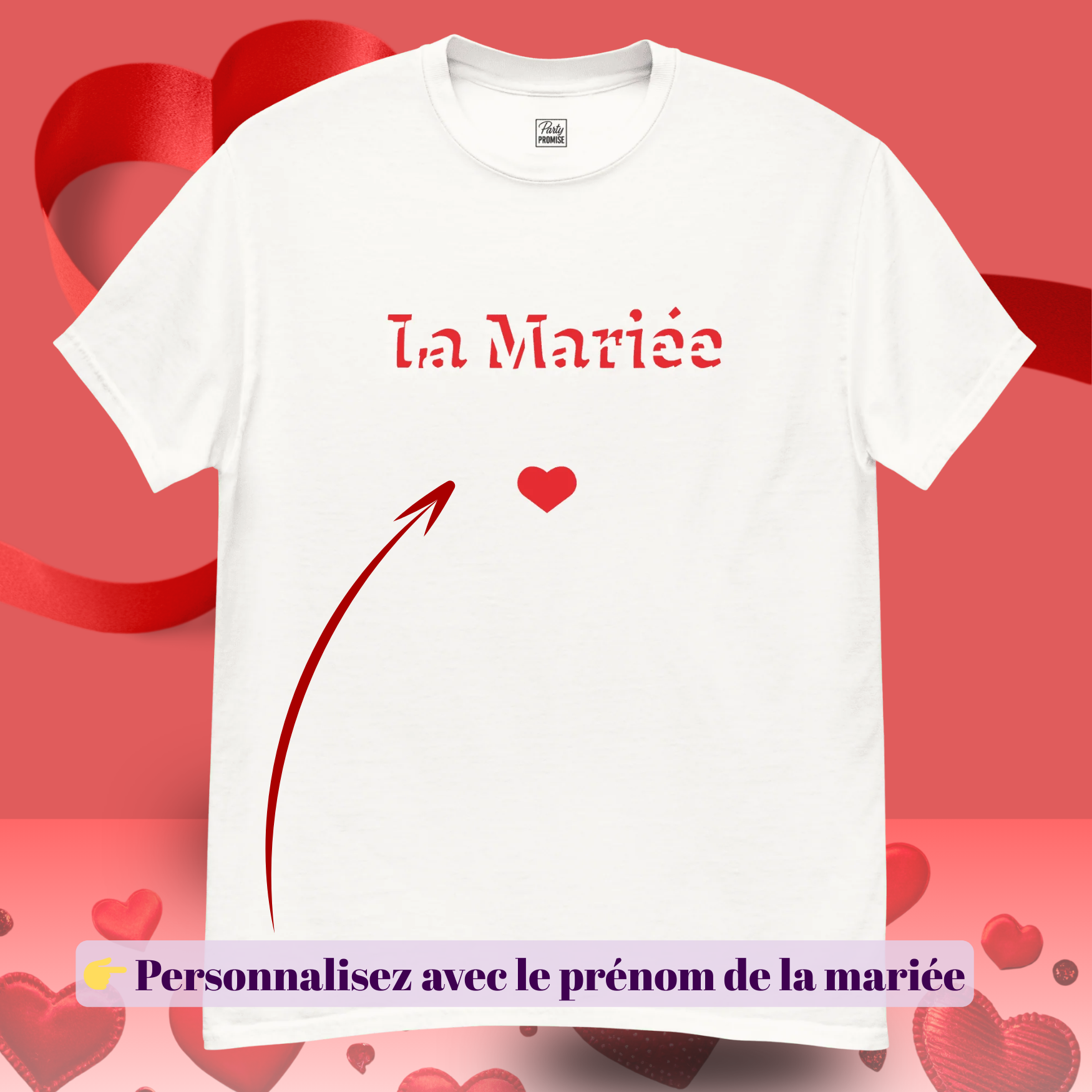 T-shirt noir La Mariee avec zone de personnalisation pour ajouter le prenom, ideal pour EVJF, fete de mariage et look coordonne de la mariee — blanc