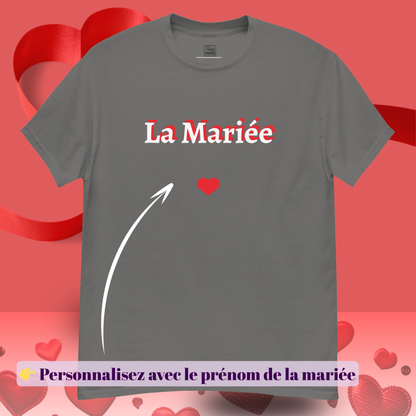 T-shirt noir La Mariee avec zone de personnalisation pour ajouter le prenom, ideal pour EVJF, fete de mariage et look coordonne de la mariee — gris