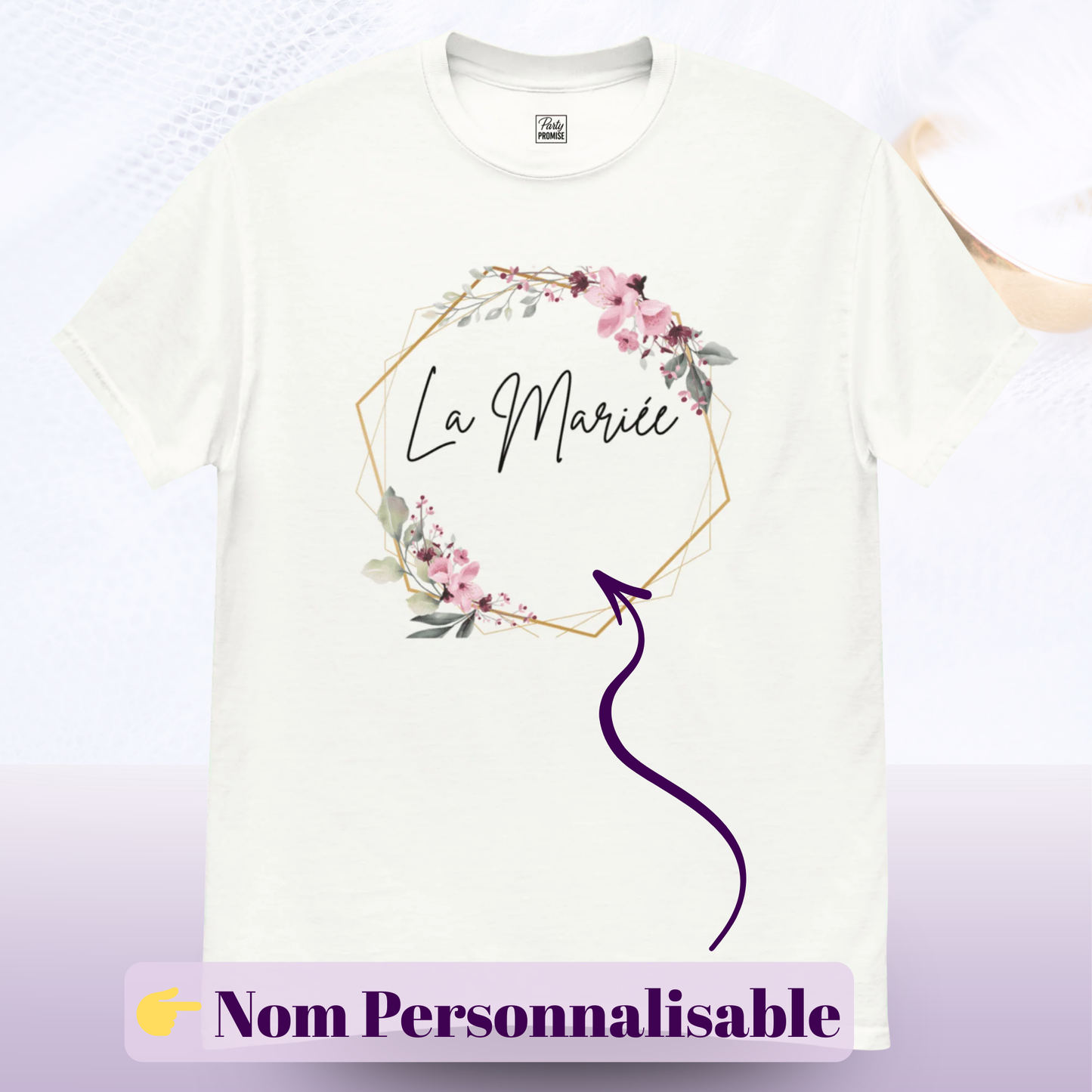 T shirt La mariee avec design floral boheme et zone prenom personnalisable ideal pour EVJF fete mariage et tenue future mariee — blanc