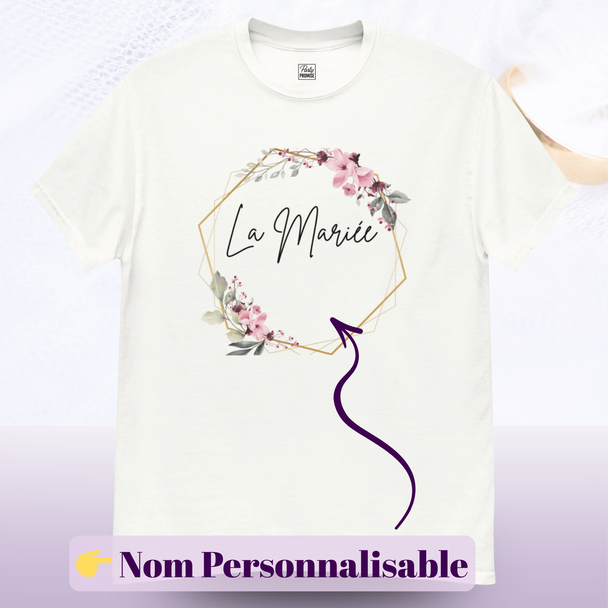 T shirt La mariee avec design floral boheme et zone prenom personnalisable ideal pour EVJF fete mariage et tenue future mariee — blanc