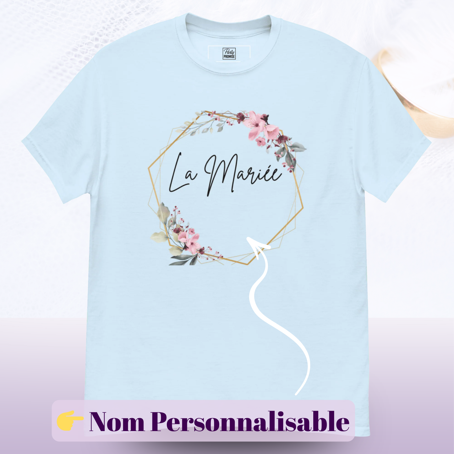 T shirt La mariee avec design floral boheme et zone prenom personnalisable ideal pour EVJF fete mariage et tenue future mariee — bleu