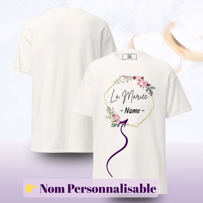 T shirt La mariee avec personnalisation du prenom et design floral boheme avec apercu recto verso ideal pour EVJF fete mariage et tenue future mariee — blanc