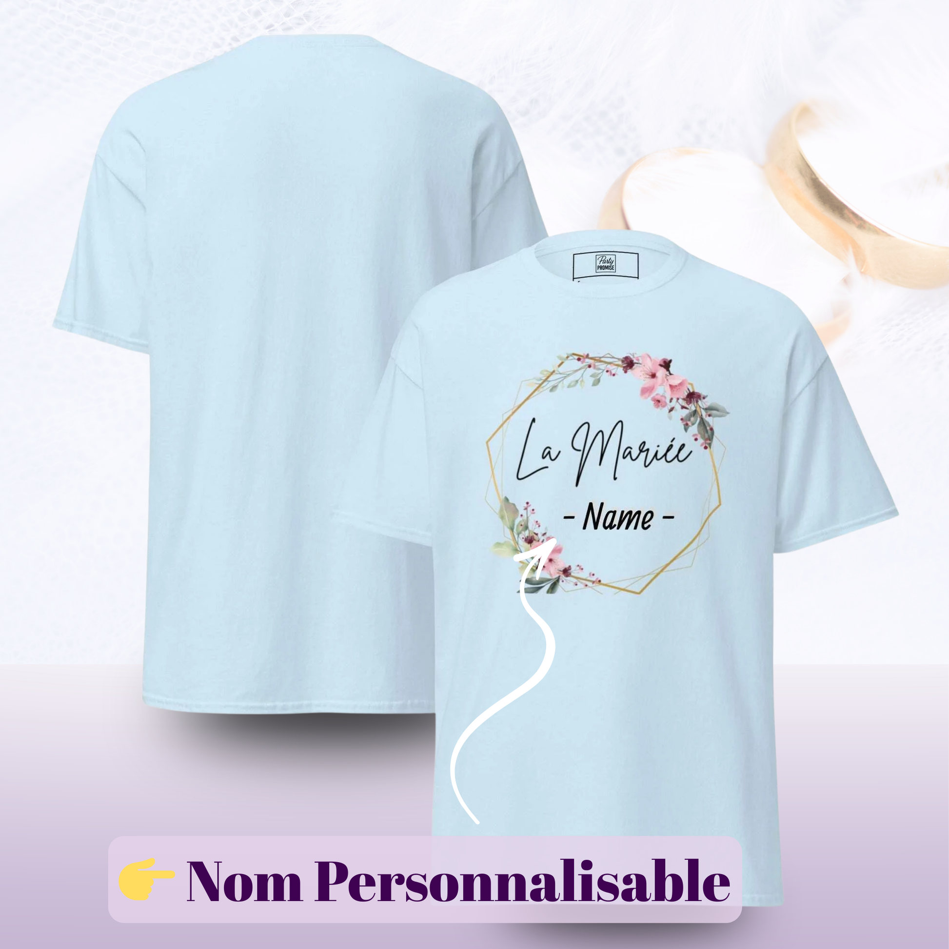 T shirt La mariee avec personnalisation du prenom et design floral boheme avec apercu recto verso ideal pour EVJF fete mariage et tenue future mariee — bleu