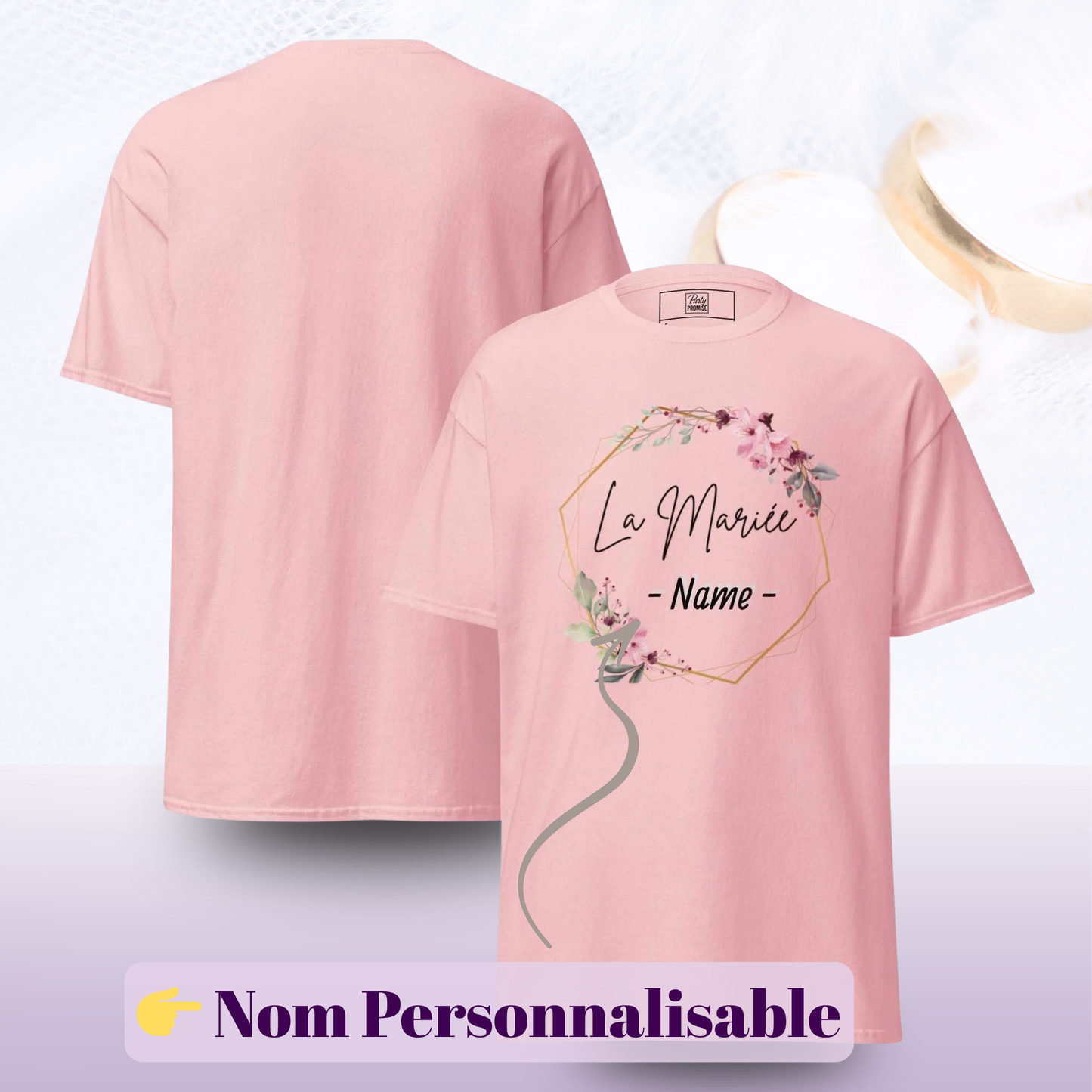 T shirt La mariee avec personnalisation du prenom et design floral boheme avec apercu recto verso ideal pour EVJF fete mariage et tenue future mariee — rose