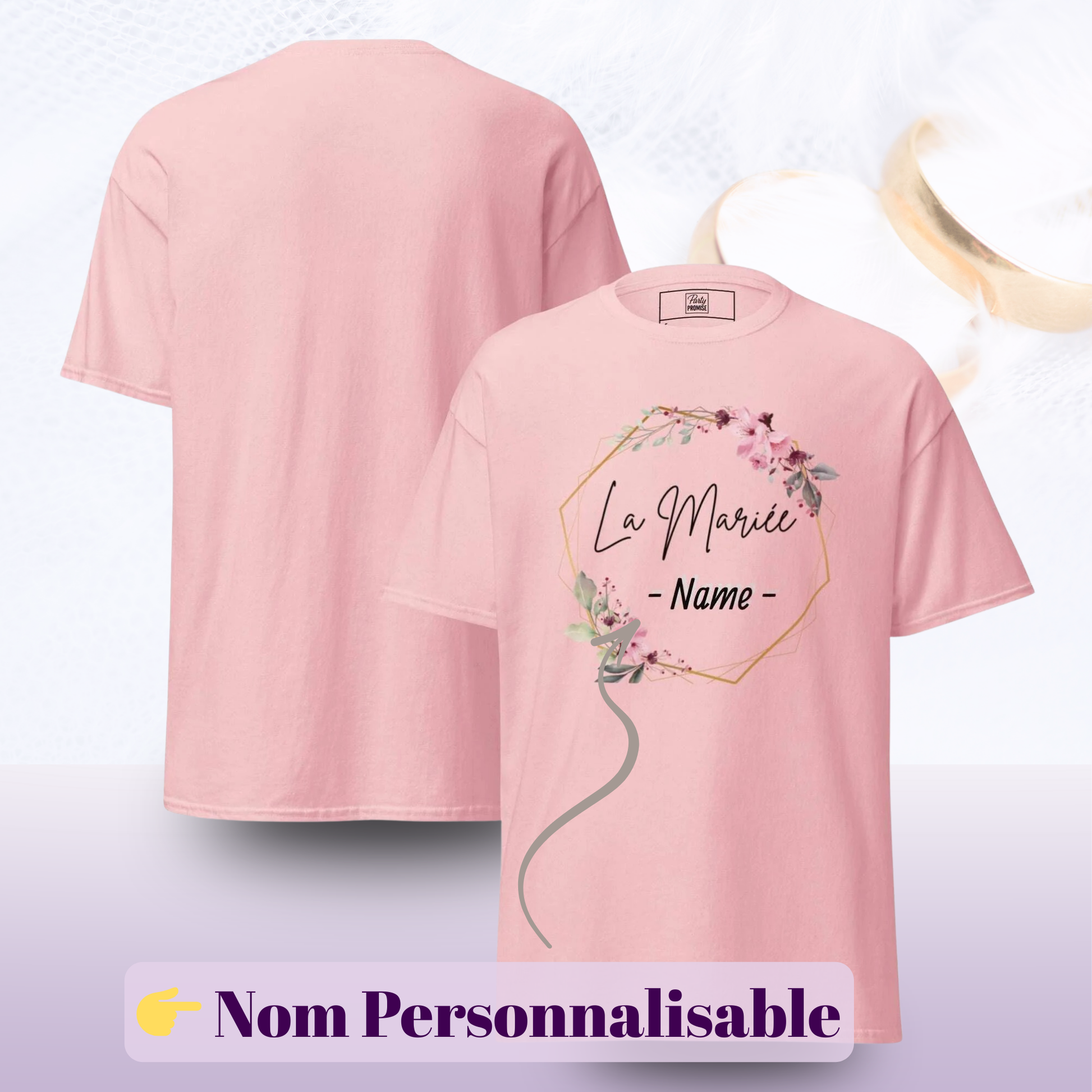 T shirt La mariee avec personnalisation du prenom et design floral boheme avec apercu recto verso ideal pour EVJF fete mariage et tenue future mariee — rose