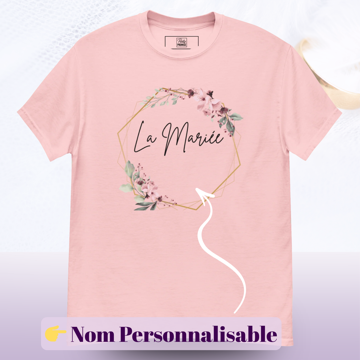 T shirt La mariee avec design floral boheme et zone prenom personnalisable ideal pour EVJF fete mariage et tenue future mariee — rose