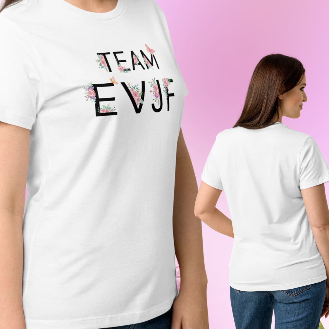 T shirt blanc Team EVJF avec design floral et typographie elegante, tenue ideale pour celebrations EVJF entre amies.