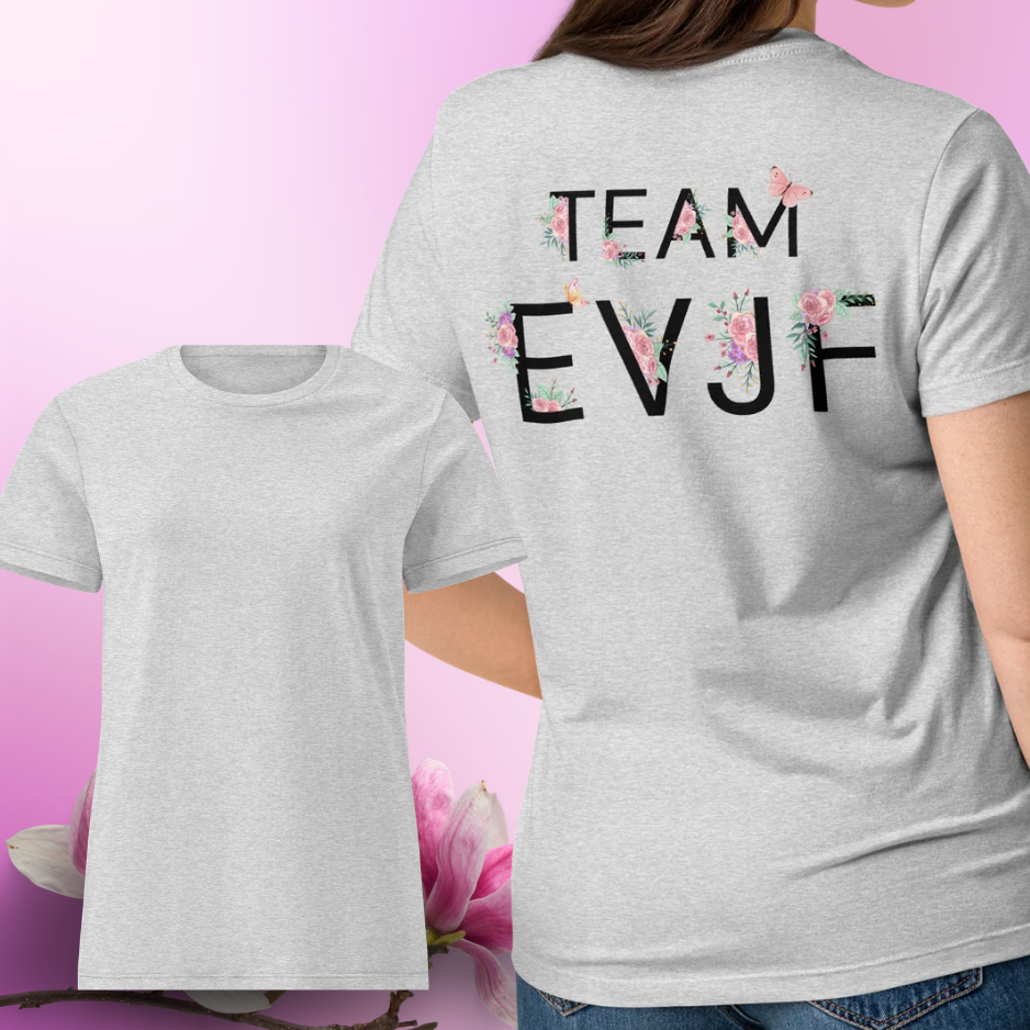 T shirt gris avec design Team EVJF floral au dos, parfait pour equipe de la mariee lors dun EVJF.