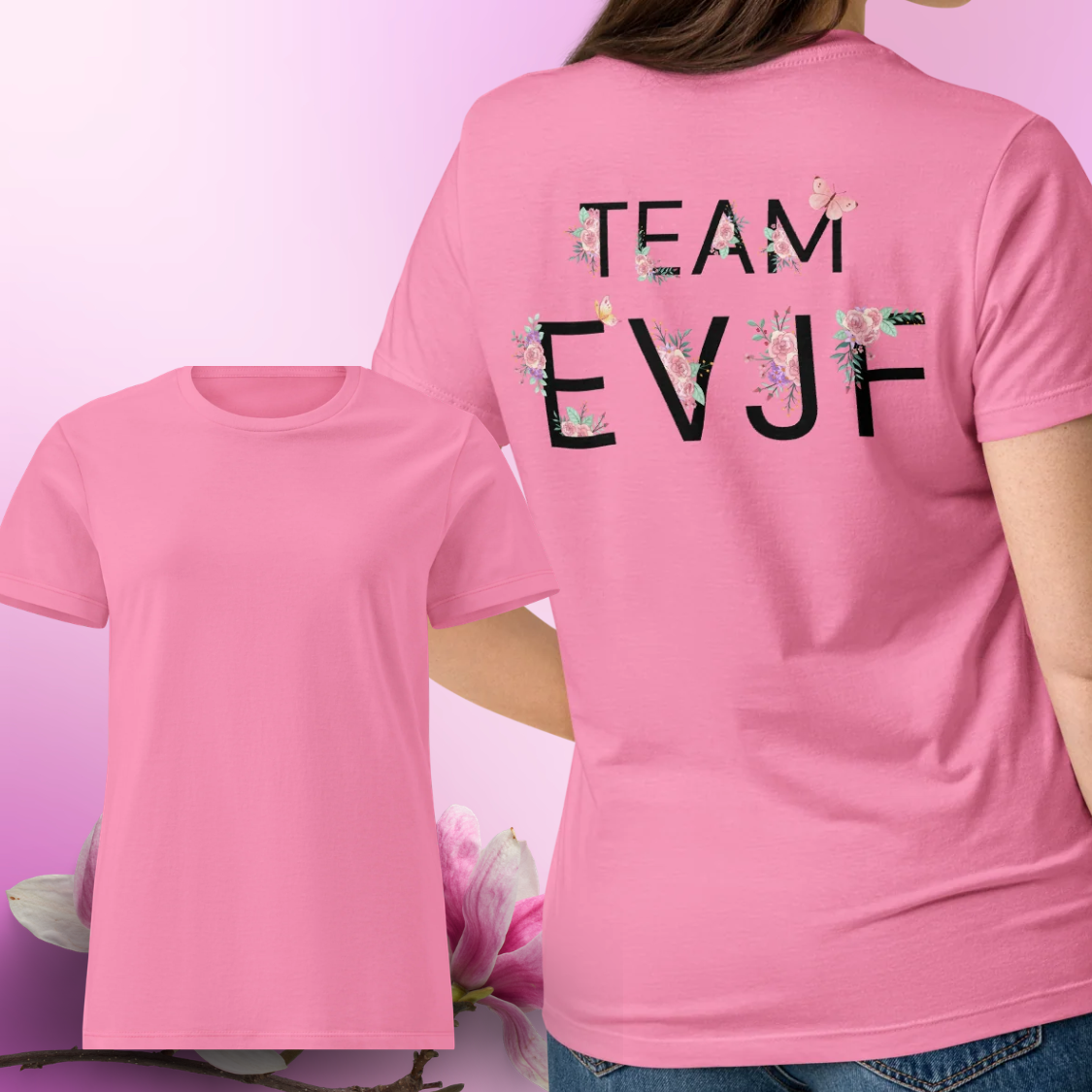 T shirt rose avec inscription Team EVJF floral au dos, tenue parfaite pour equipe de la mariee lors dun enterrement de vie de jeune fille.