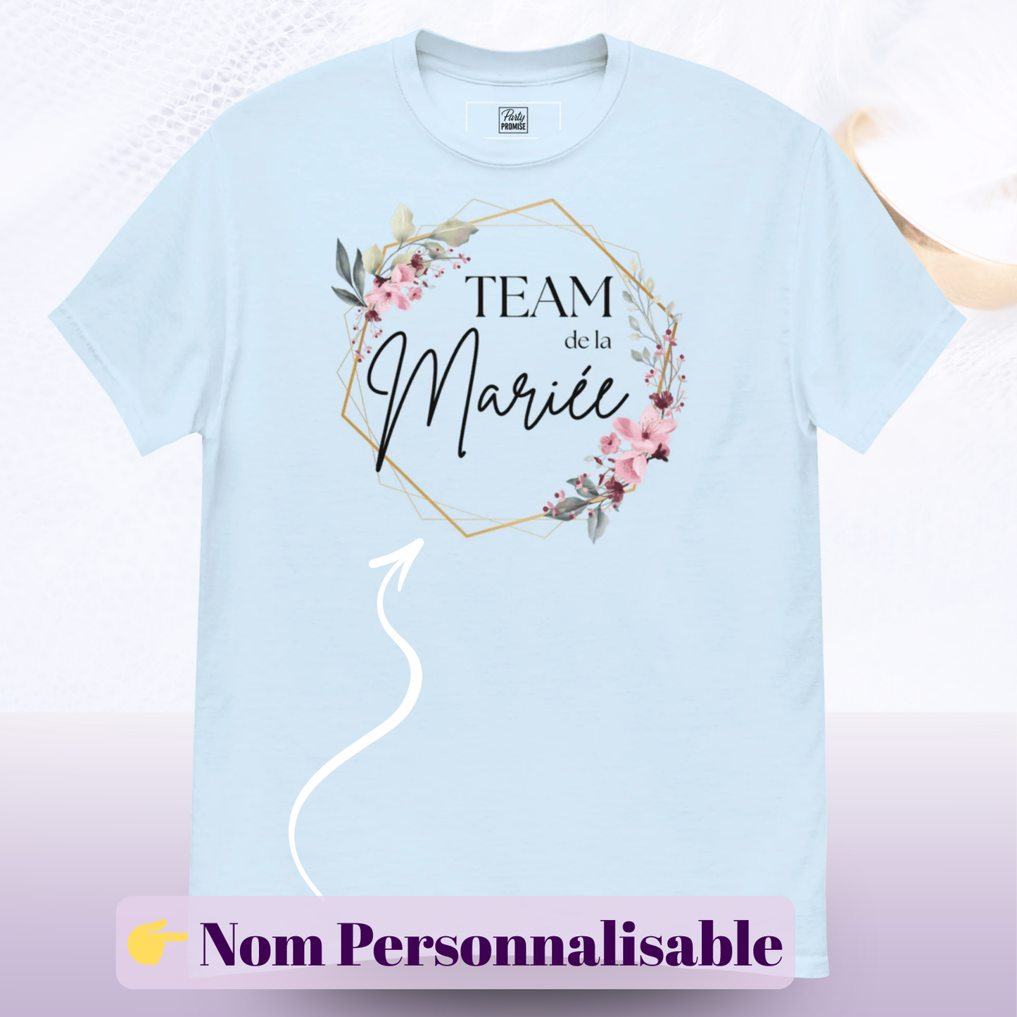 T shirt Team de la mariee avec design floral et zone nom personnalisable ideal pour EVJF fete mariage tenue coordonnee groupe amies — bleu