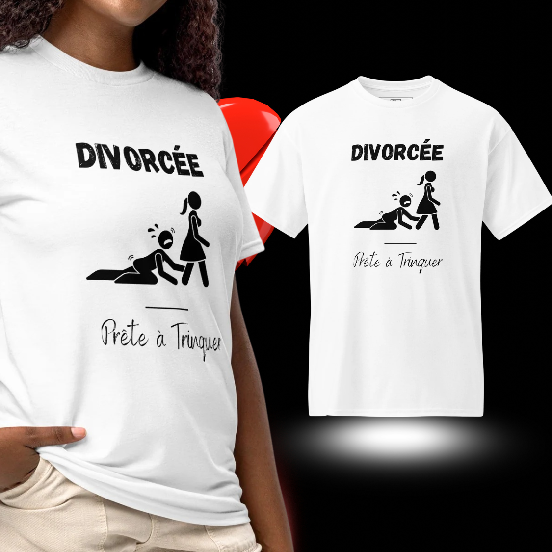 T shirt blanc divorcee prete a trinquer avec illustration humoristique, parfait pour celebration divorce et soiree entre copines.