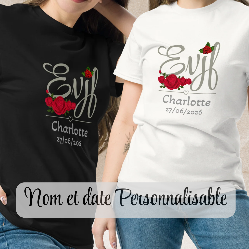 Deux femmes portant des t shirts EVJF noir et blanc avec design floral personnalise